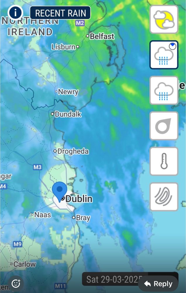 Rainfall radar of Ireland showing rain everywhere except a very smooth, semi circle showing a rain free region all around the Dublin area.  