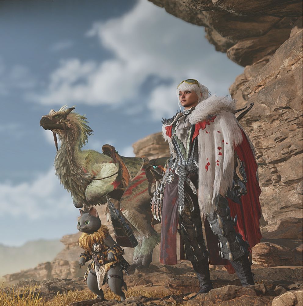 Captura de pantalla de Monster Hunter Wilds. El personaje lleva una armadura chulísima de estilo decimonónico.