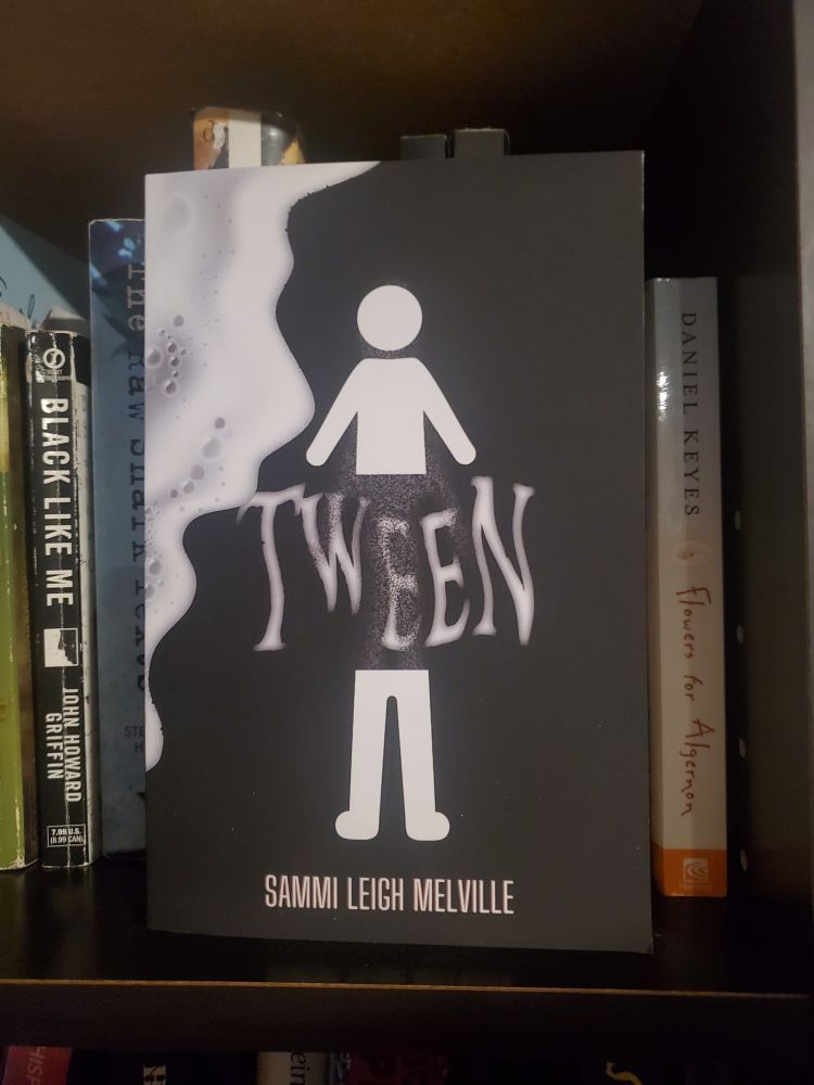 The speculative litfic book, Tween, on a bookshelf. The cover is black and white, has a silhouette split in two with a ghostly-looking word "Tween" between the pieces, and on the side of the cover, a wave of sea foam is washing onto the image.