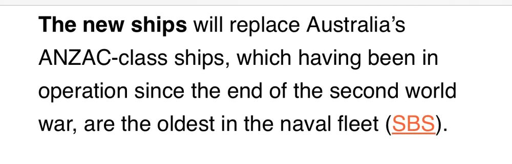Schwartz media: “The new ships will replace Australia's ANZAC-class ships, which having been in operation since the end of the second world war, are the oldest in the naval fleet (SBS).”