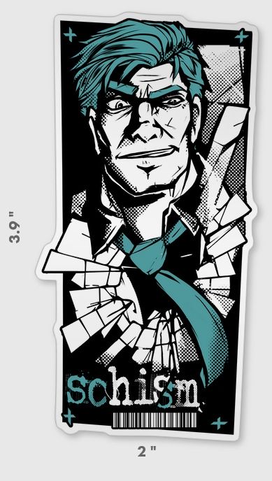 Sticker proof of Quay with a evil grin in two-tone palette with half tone and shattered glass elements