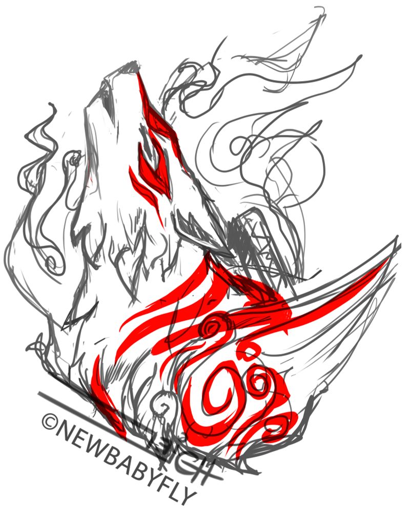 A sketch of Ammy from Okami, in a victory howl and flames behind her