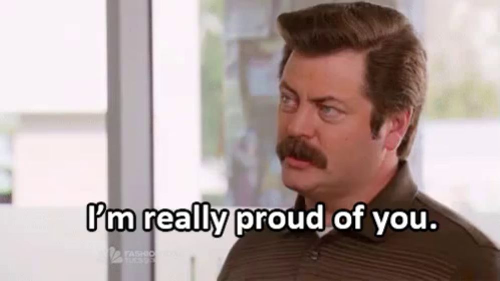 a man with a mustache is saying `` i 'm really proud of you ''