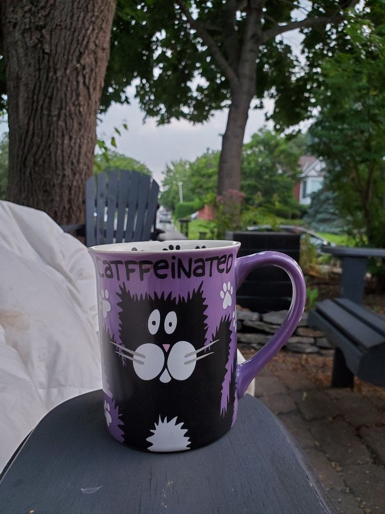 Coffee mug with wide-eyed cartoon cat and "catffeinated."