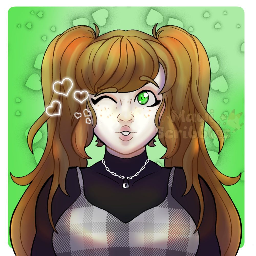 Dirty blonde person with pigtails winking with hearts coming out.