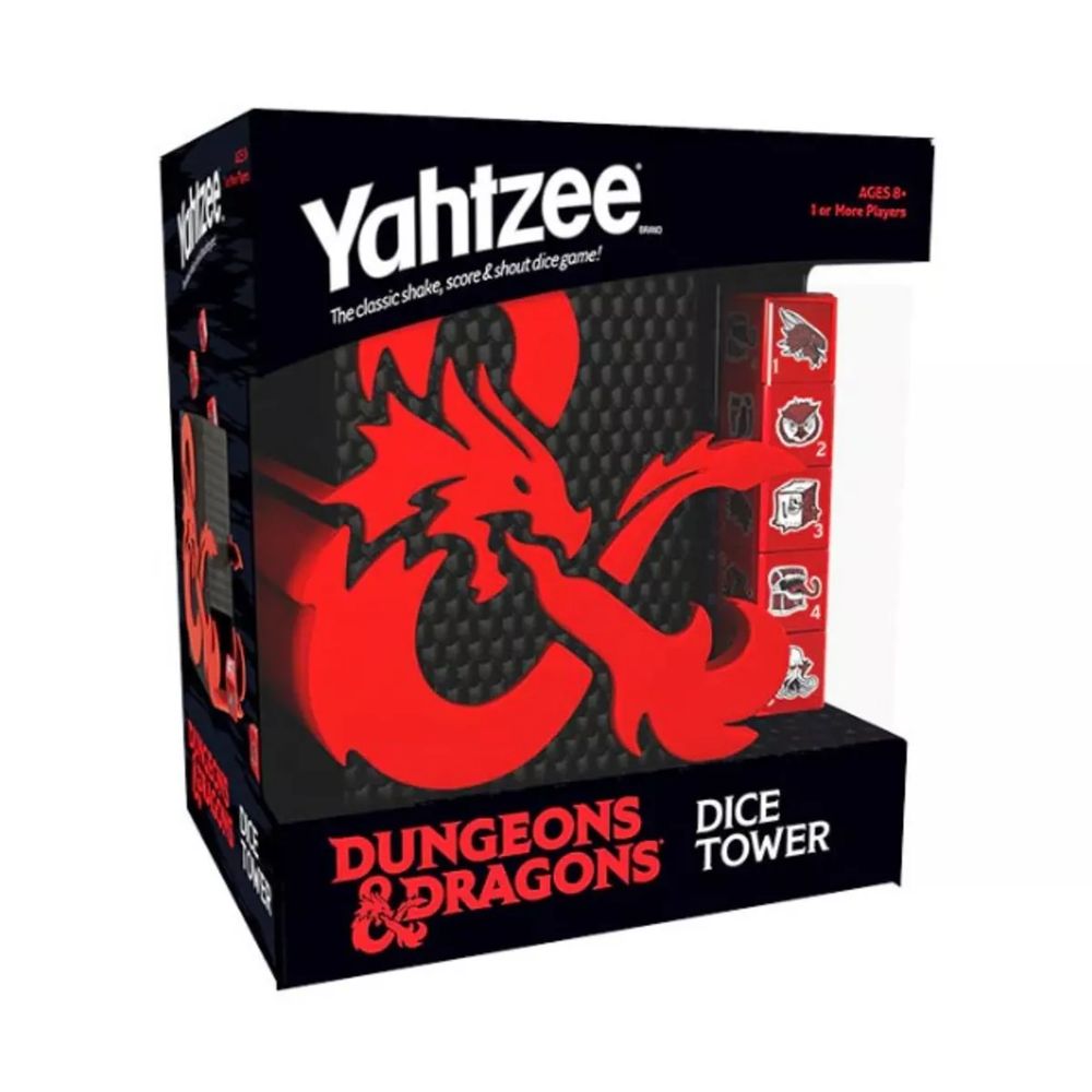 A D&D and Yahtzee crossover with D&D's modern dragon-ampersand featured larger than any other logos. The dice have images of D&D monsters as well as numbers on them.