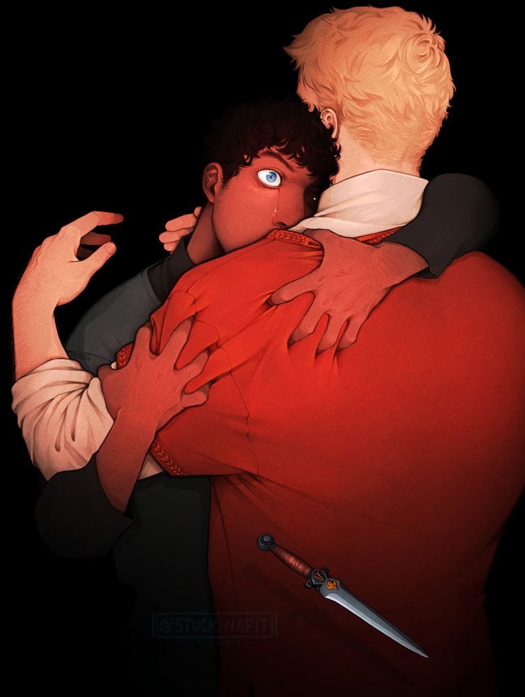 Color drawing of an hectic yet solemn embrace between Kabru and Laios. Only half of Kabru's face shows from behind Laios' shoulder, his eye is hauntingly wide with one tear streaming down. Further down on the image there's a dagger falling from where Kabru's hands are now desperately clinging onto Laios' back.

#petedrawings
