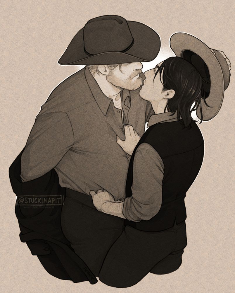 Sepia toned drawing of my cowboy OCs Reuben and Camilo, intimately close to each other.


#petedrawings #peteOCs #petyeehaw