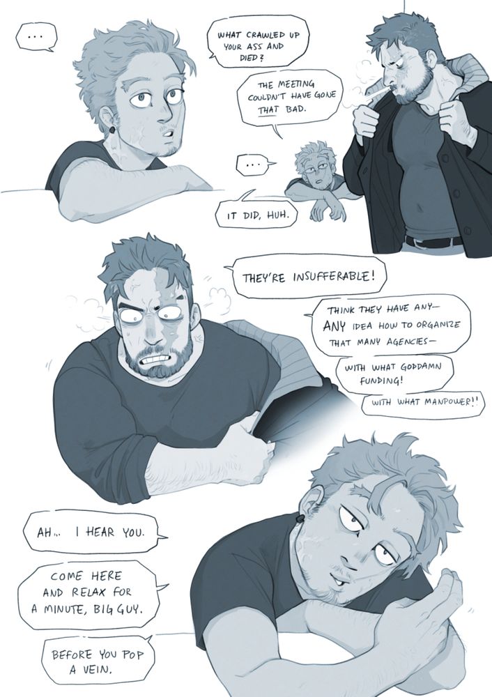 9 page Endhawks comic of stressed out Enji decompressing by sitting on Hawks's lap, dry humping and eventually getting bent over the younger's man's lap and fingered.

#petedrawings #peteNSFW #petecomics