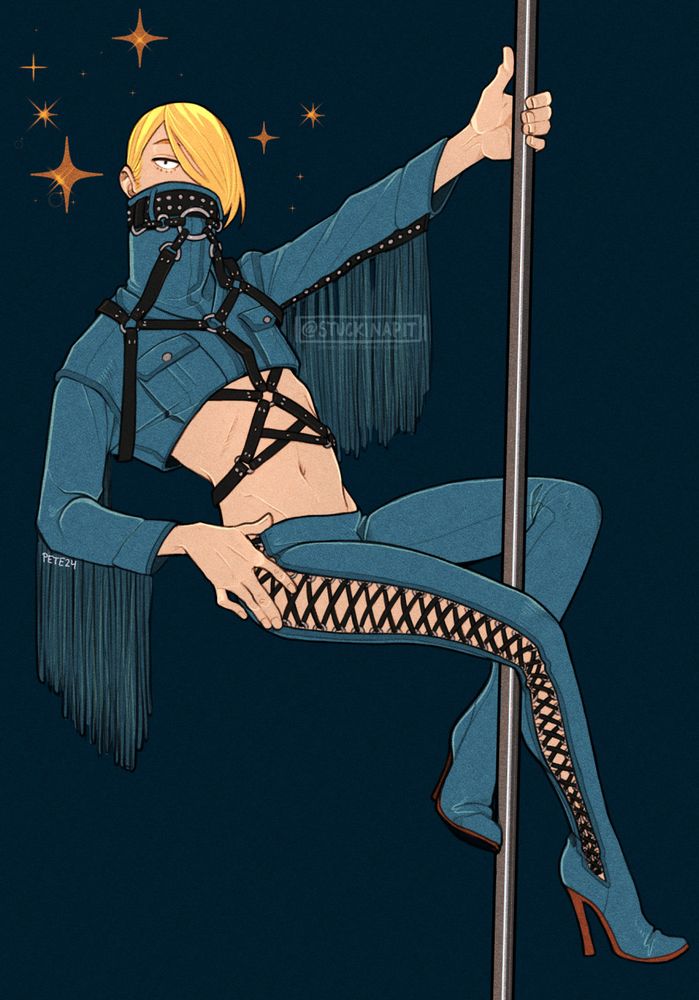Color drawing of Best Jeanist posing while poledancing. He's wearing a sluttily stylized version of his normal denim outfit.




#petedrawings
