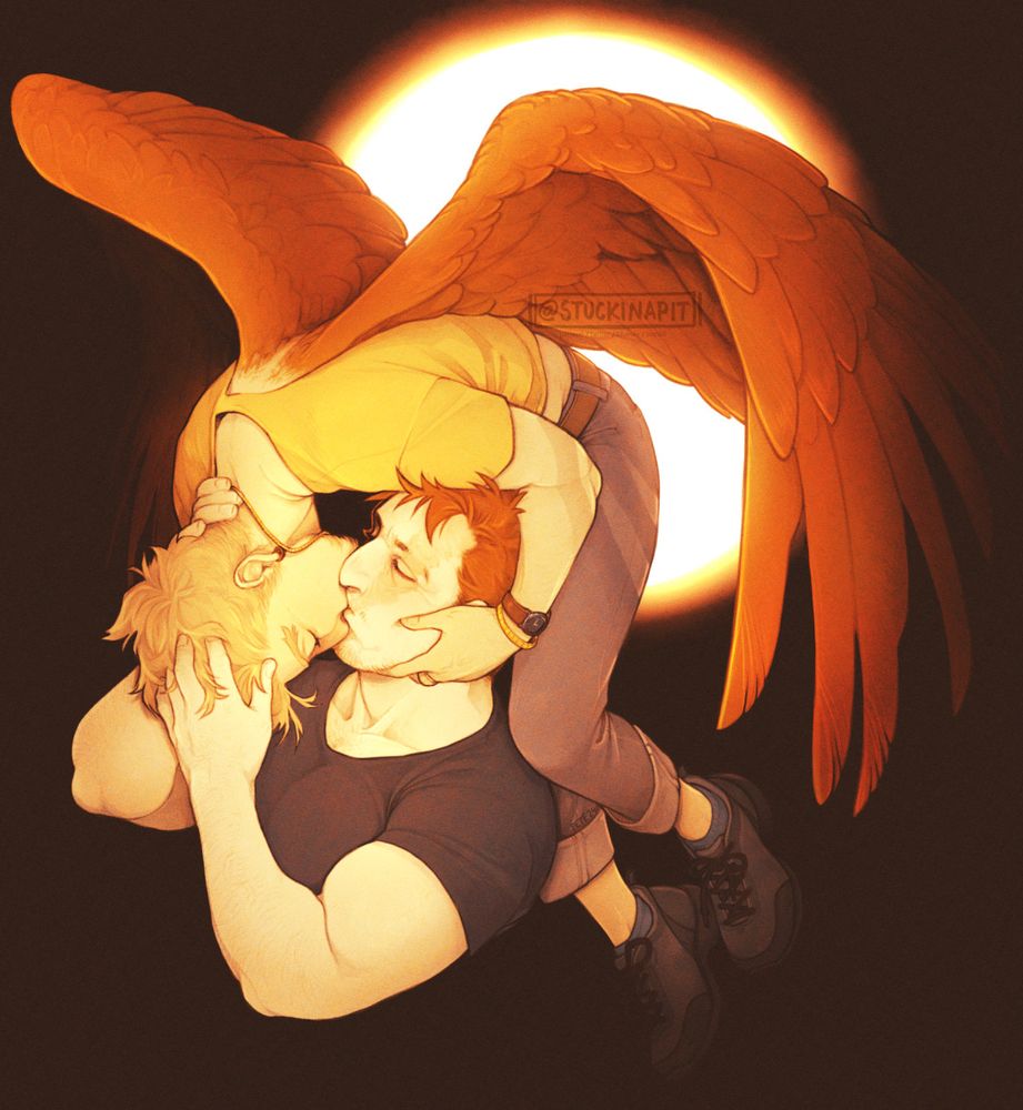 Color drawing of Enji and Hawks kissing, Hawks is flying above him and reaching over his head to kiss him upside down.


#petedrawings