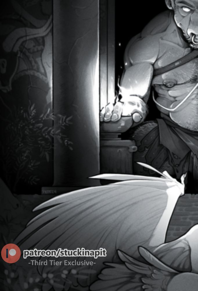Cropped preview of a black and white drawing. Shows a torso of a minotaur approaching a winged figure on the foreground. Text overlay reads "patreon/stuckinapit - third tier exclusive".


#petepreviews