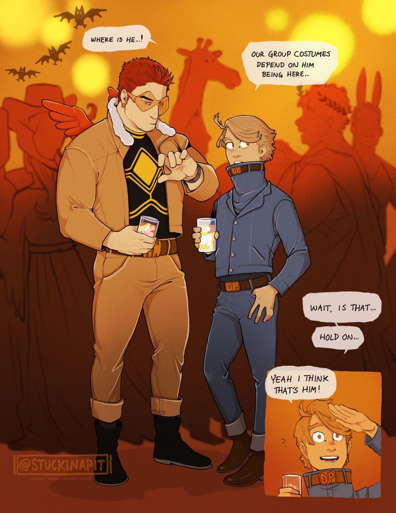 MHA Hawks dressed as Best Jeanist and Endeavor dressed as Hawks, at a costume party. They are waiting for Best Jeanist to arrive and complete their groups costumes.