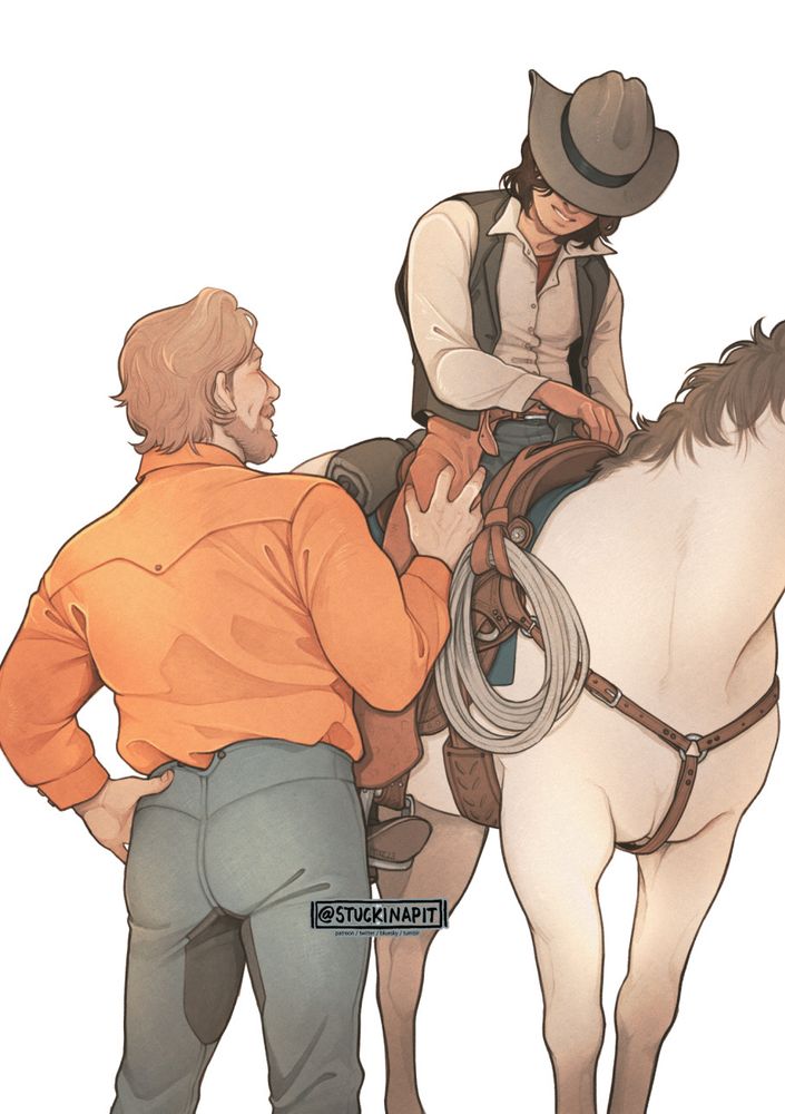 Color drawing of two cowboys (my OCs Reuben and Camilo), Camilo on horseback and Reuben standing beside him, giving his upper thigh an intimate squeeze.


#petedrawings
#peteOCs
#petyeehaw