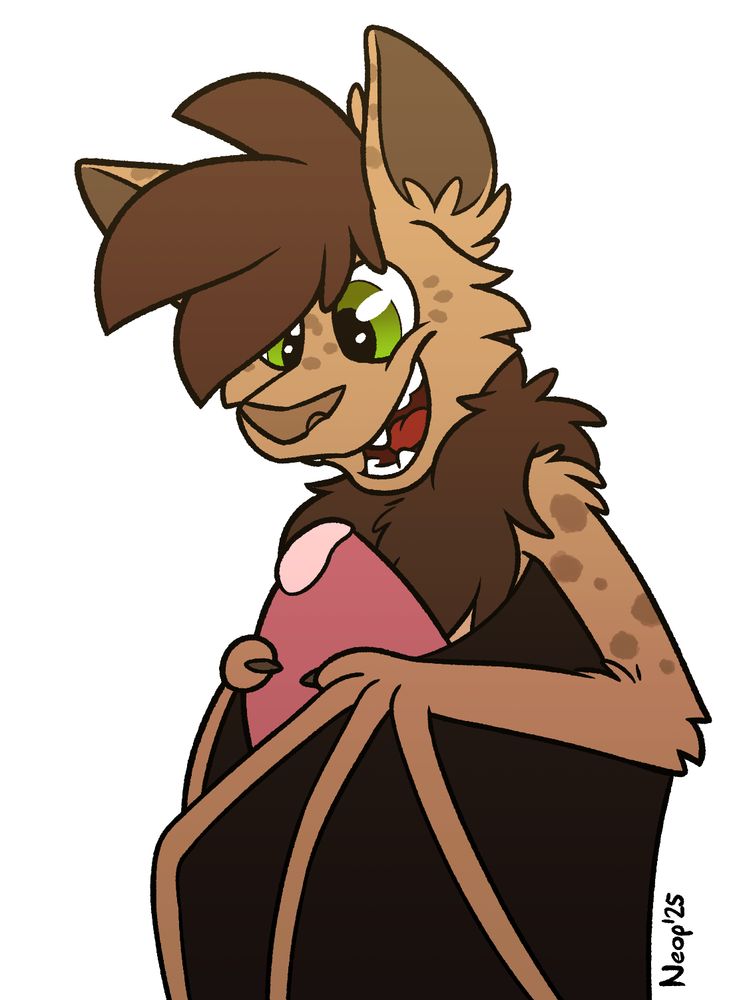 Toony drawing of Neop the bat holding a leaky penis in his wings, looking at it and smiling.
