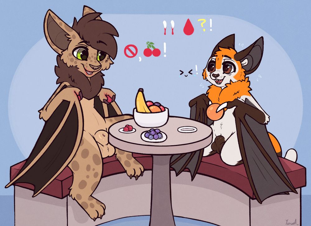 Toony drawing of two male bats (Neop on the left and Jack Desmodus at the right) eating fruit from a bowl and some plates. Their genitalia is casually visible. Neop's lips and hands are red from the cherries he is eating, Jack holds an orange. There is an emoji style dialog: Jack confusedly asks whether Neop is eating blood. Neop denies and says it's only cherries.