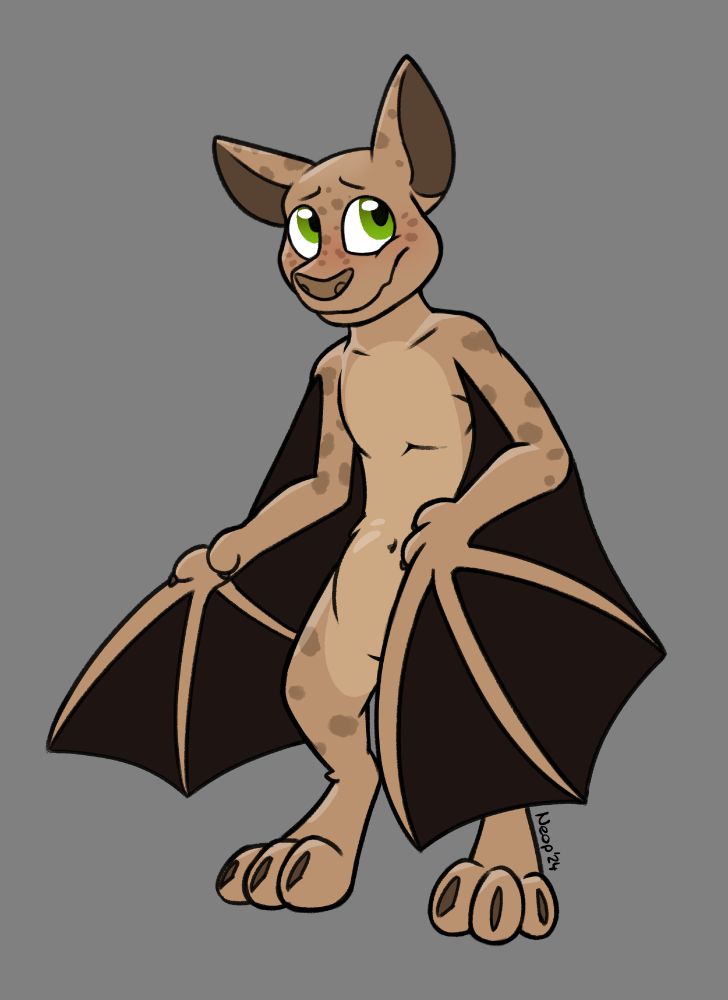 A toony drawing of Neop the bat without any fur, hair and neck floof. He looks up, a bit embarrassed.