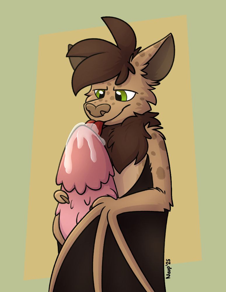 Drawing of a toony bat holding a huge gryphon dick in his wings and licking the leaky tip.