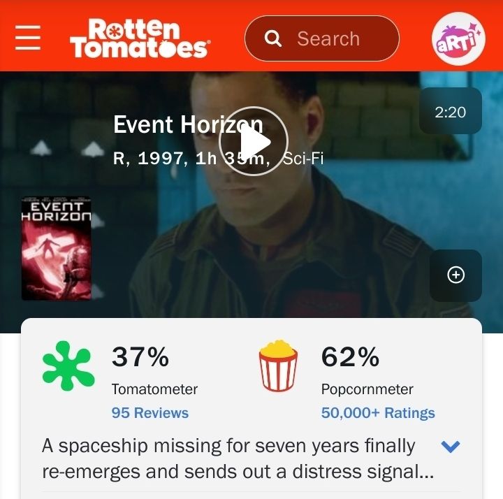 Screenshot of the Rotten Tomatoes page of "Event Horizon" (1997), with a Tomatometer score of 37% and a Popcornmeter score of 62%.