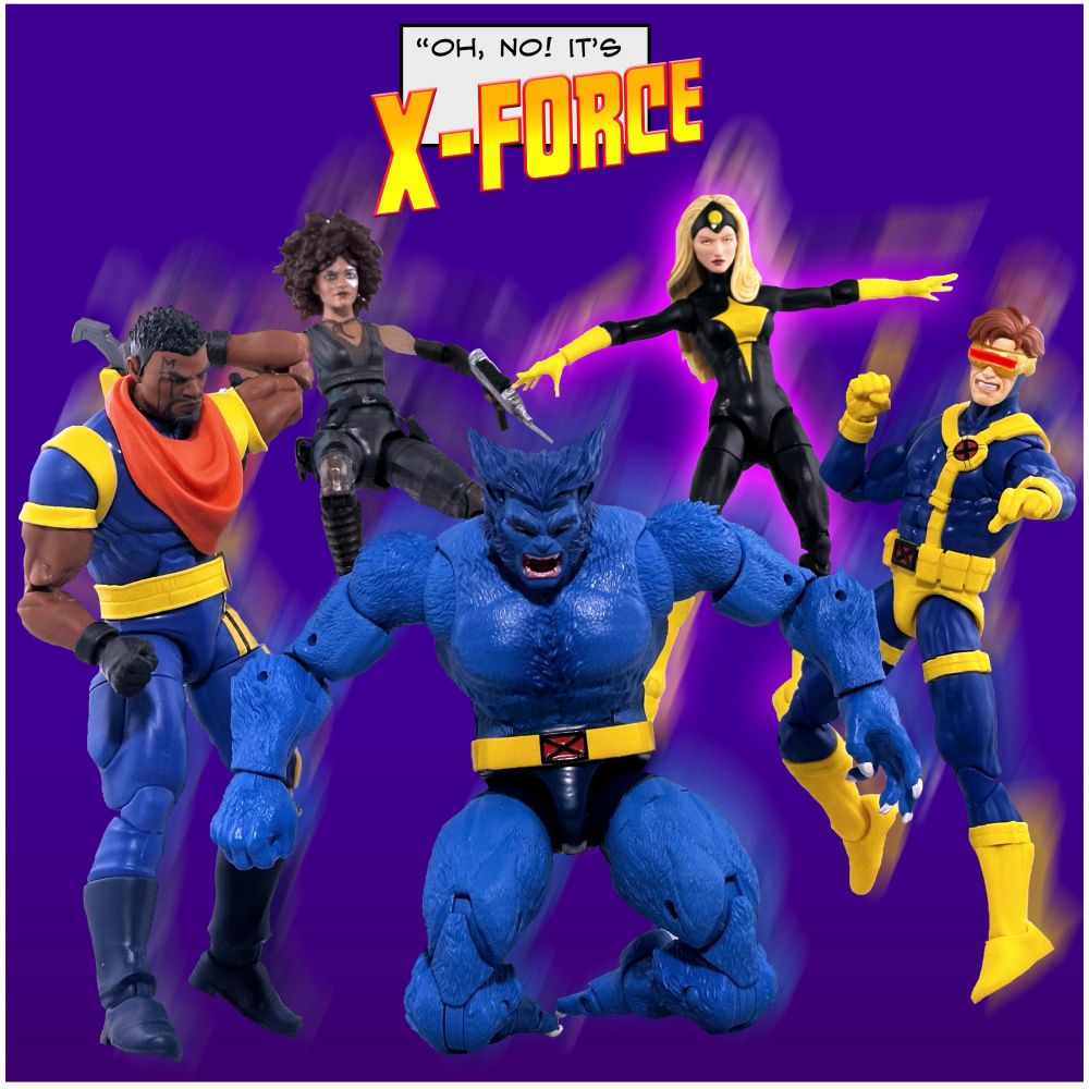 The mutant heroes Bishop, Domino, Beast, Darkstar, and Cyclops drop out of the sky. "Oh no, it's X-Force!" yell HYDRA agents who are out of sight.