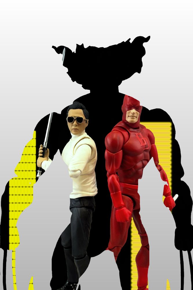 Daredevil and Stick ("played" here by an action figure of Donnie Yen from John Wick 4) stand against the nighttime New York skyline, framed in the silhouette of the Weapon of Vengeance ("Hellverine")