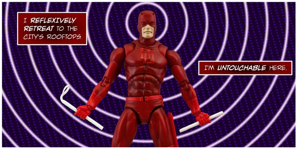 Daredevil's radar sense screams at him as he narrates: "I REFLEXIVELY RETREAT TO THE CITY'S ROOFTOPS. I'M UNTOUCHABLE HERE."
