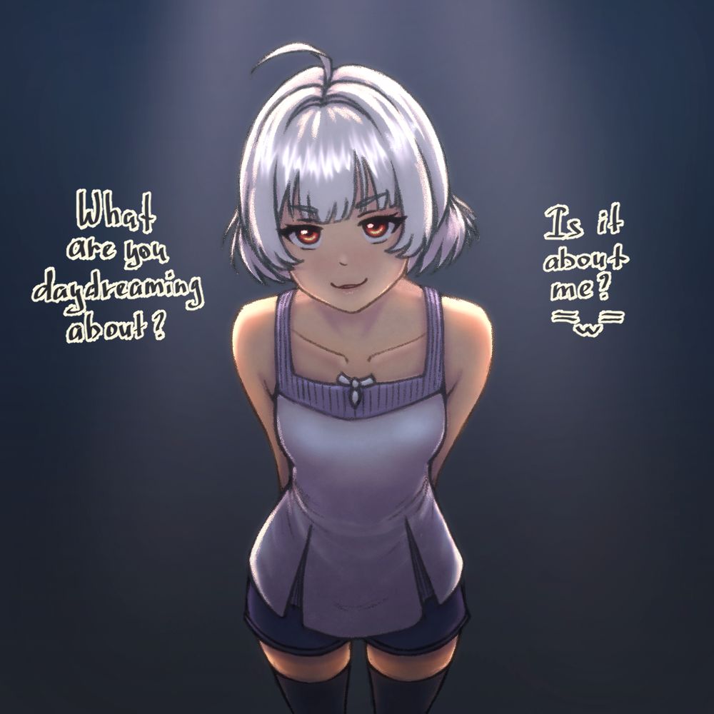 Fanart of Ayu, OC of @wallmask3. She is a young-looking petite girl with a whit bob cut, red eyes, and wearing a white dress, blue shorts and dark thigh highs. The caption says "What are you daydreaming about? Is it about me? =w="
