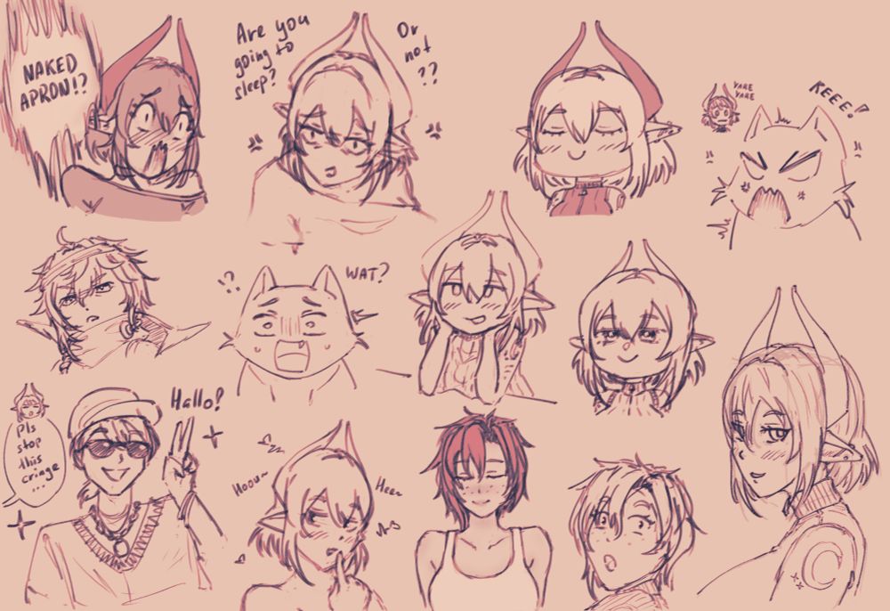 Collection of various daily sketches in form of collage. Featuring Lisa, cat Nito, Lanti’s OC Erika and a bunch of other OCs maybe.
Most of them are chibi or cartoony faces and strips, sometimes with comedic theme.