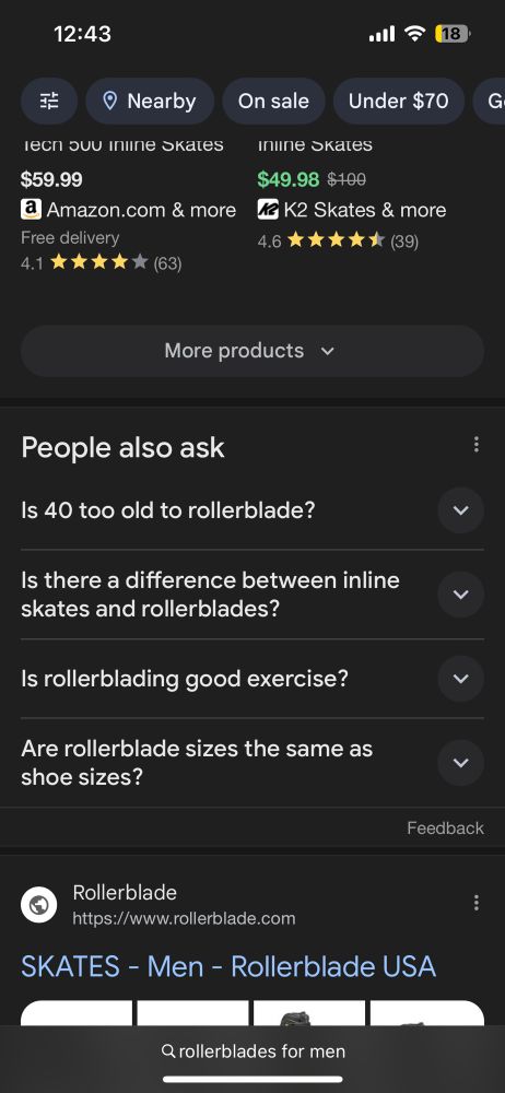 Screen capture of the ai-suggested other questions you might be asking the internet in response to the query “rollerblades for men,” including the first question: “Is 40 too old to rollerblade?”