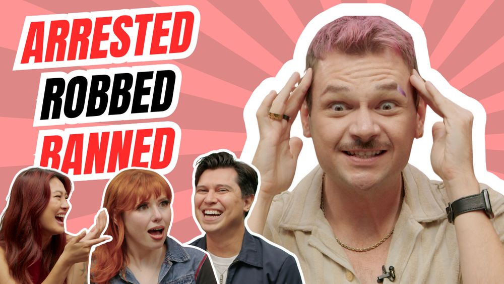 YouTube video thumbnail. Xander looks in shock and horror with the text "Arrested. Robbed. Banned" Kendelle, Saige and Carlos in smaller images laugh and look shocked.