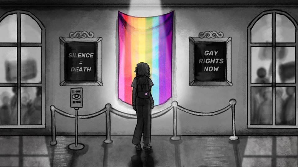 A silhouette standing in front of a rainbow pride flag. The silhouette's backpack is adorned with a trans flag pin, and signs on either side say "SILENCE = DEATH" and "GAY RIGHTS NOW". Through the windows, a crowd is gathered to protest.