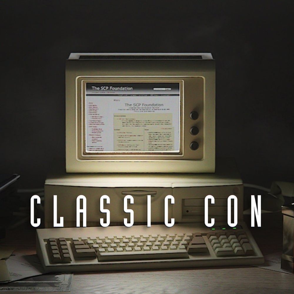 An image of an old PC with the SCP Foundation wiki (specifically its old front page) on the monitor. The room is dark and the words "CLASSIC CON" float in front of the PC.