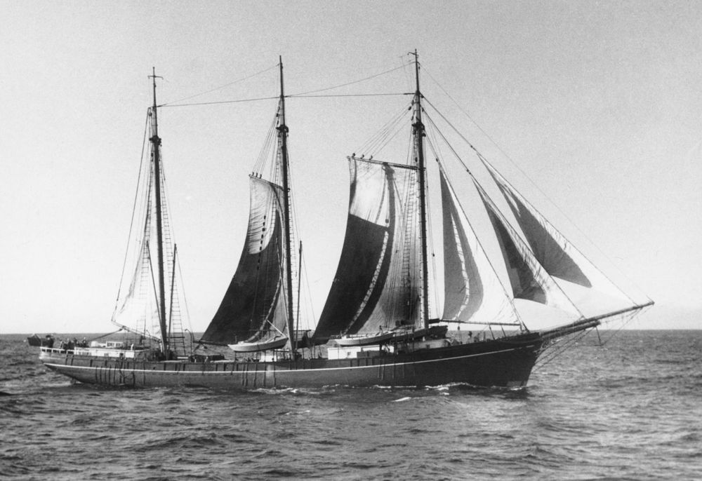 The schooner Wawona, pictured here around 1935, was one of the last commercial sailing fishing vessels. It sailed with a fleet of similar ships out of Seattle.