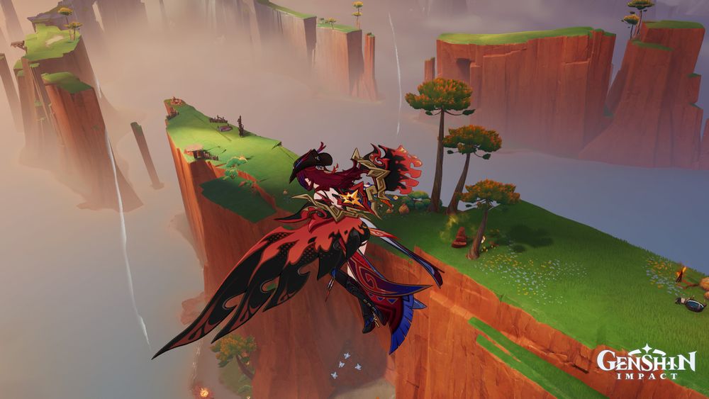 A screenshot of Chasca, a character from Genshin Impact, gliding through the sky with her newly acquired black and red-coloured Natlan-themed glider.