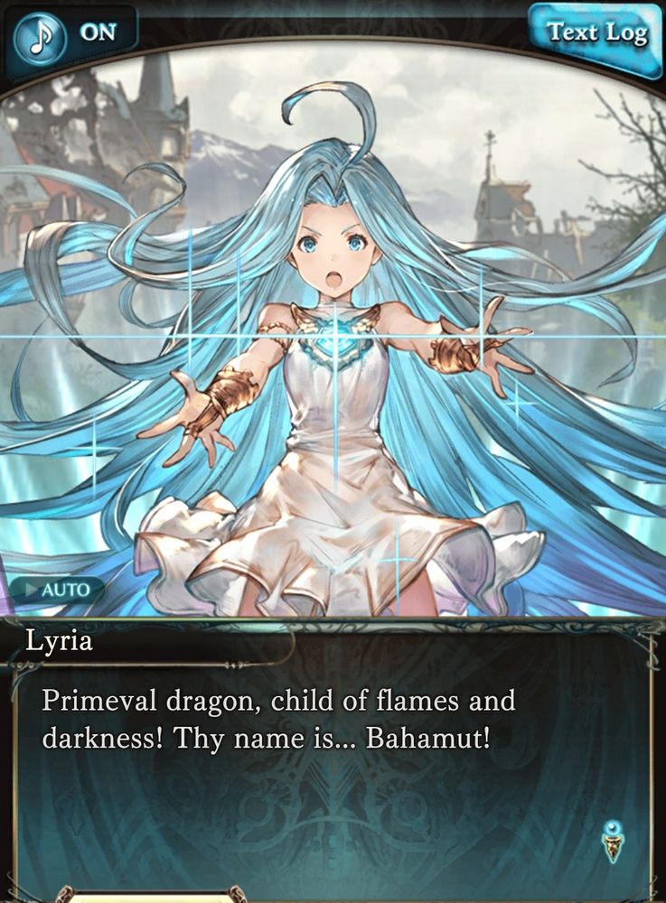 Lyria calling upon Bahamut's power. Always a banger in my opinion.

"Primeval dragon, child of flames and darkness! Thy name is... Bahamut!"