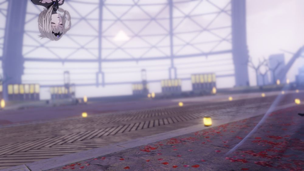 A screenshot of Bianca in Punishing: Gray Raven. The shot timing happened during one of her air flips, causing her to be mostly off-frame, with only her head and shoulders appearing, upside down, on the upper left corner of the frame.