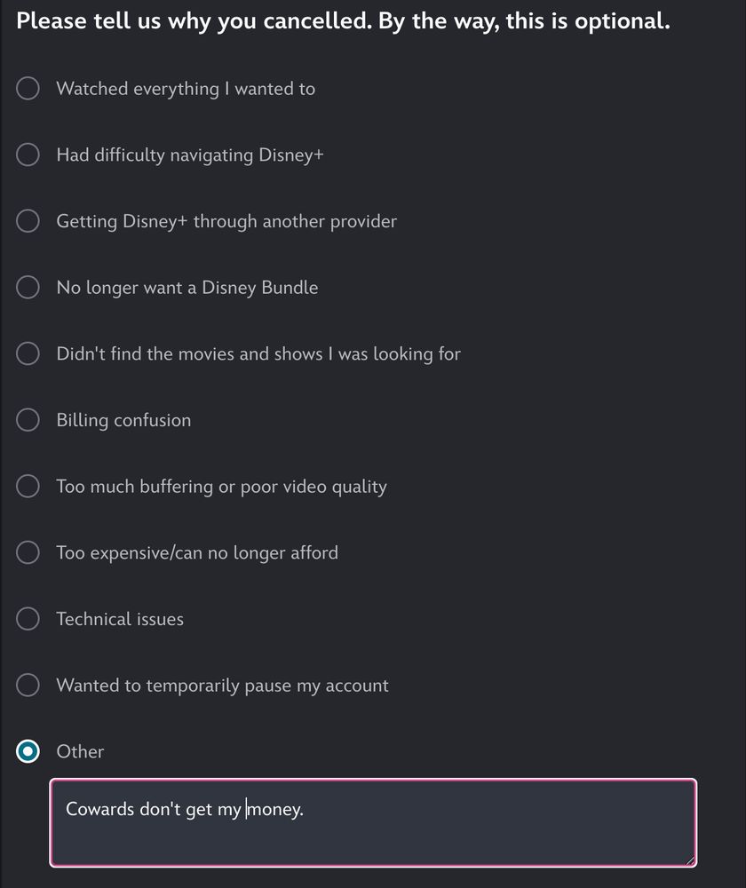 A screenshot from canceling Disney+