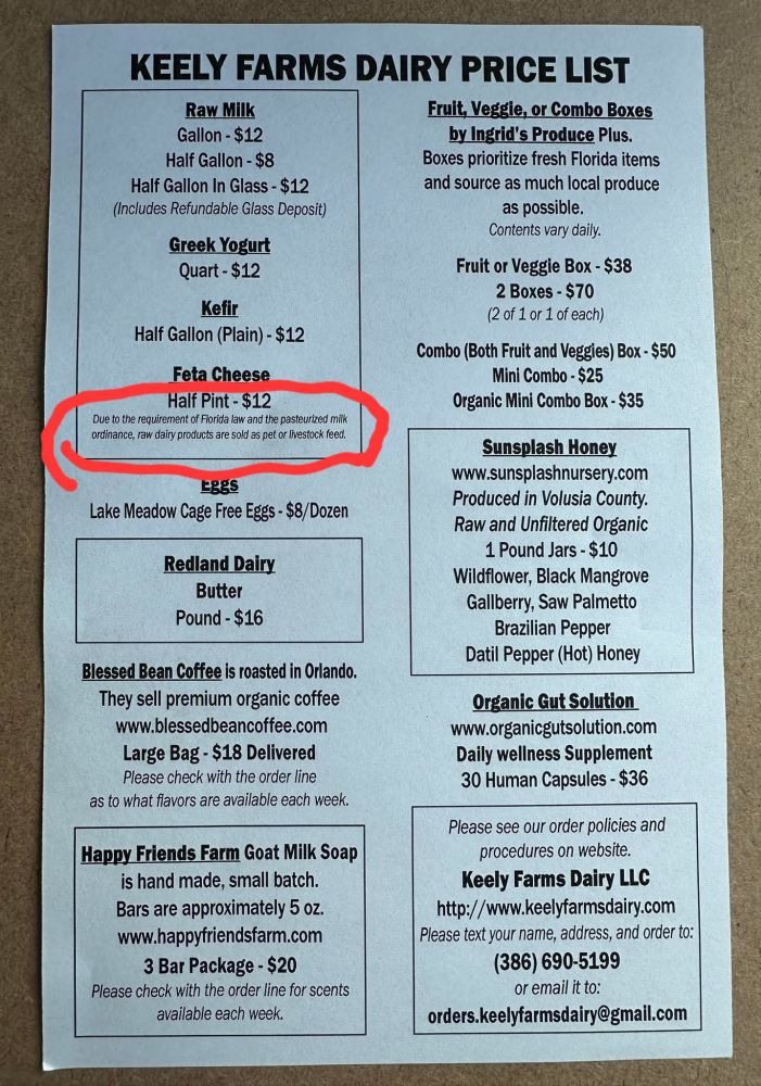 Image of the Keely farms dairy price list that includes various sizes of raw milk, raw milk Greek yogurt, raw milk kefir, and raw milk feta cheese. The price of a gallon of Raw Milk is $12. Circled at the bottom of this section is their disclaimer, which reads 