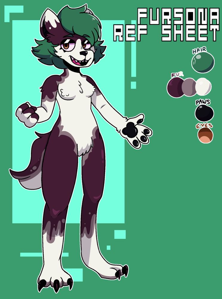 Fursona ref sheet of a border Collie Wolf Cross anthro furry with green hair and black and white fur