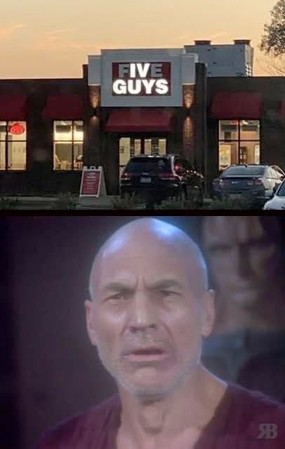 two images.

First: a Five Guys restaurant sign at night with some of the letters not lit up, so it appears to read "IV GUYS".

Second: Patrick Stewart as Captain Picard in the Star Trek: The Next Generation episode "Chain of Command, Part II", the one where the Cardassian interrogator is trying to get him to say there are four lights instead of five.