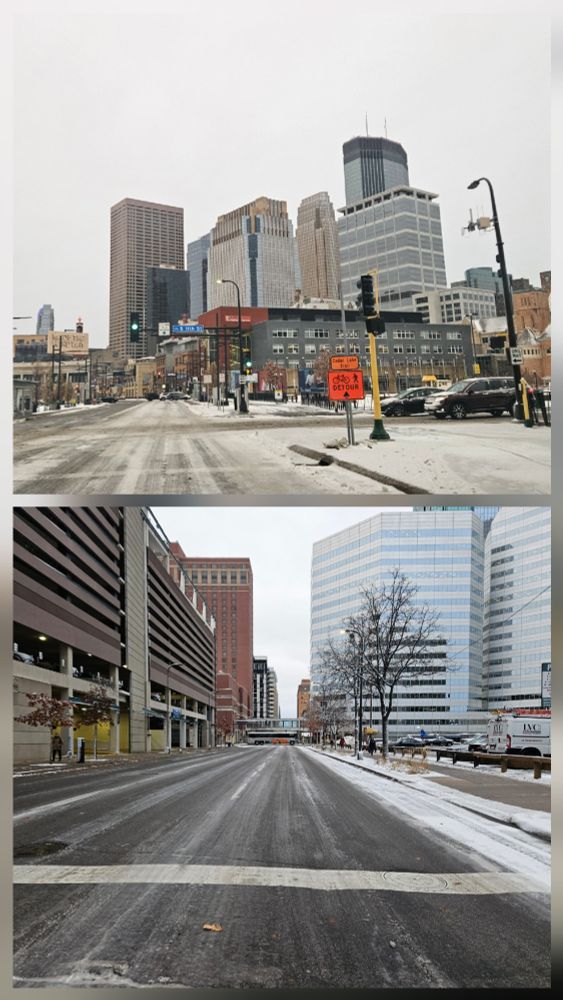 Quiet and empty streets in downtown Minneapolis after a snow storm overnight; the day before Thanksgiving. 