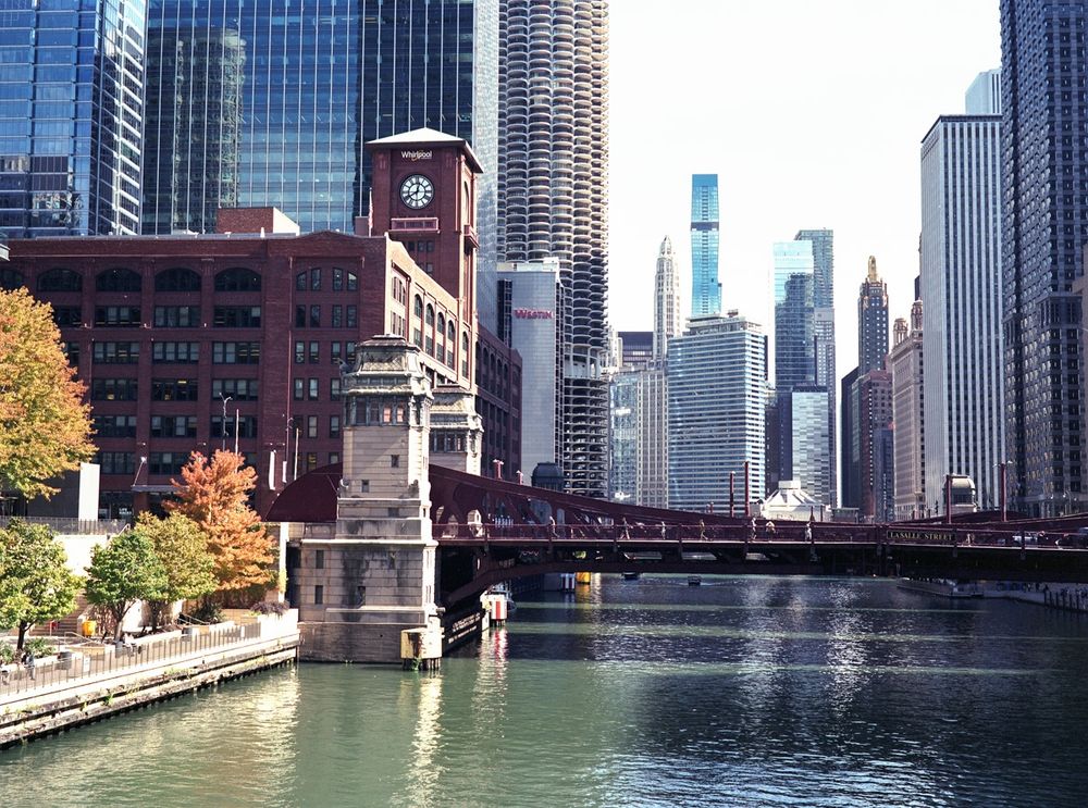 The view of the Chicago Skyline from Chicago River.