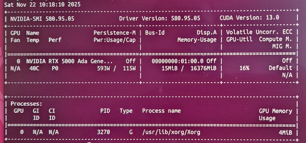 A screenshot of nvidia-smi command showing the NVIDIA RTX 5000 Ada GPU. 