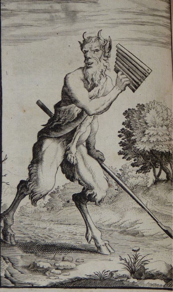 A goat-headed Pan holds aloft his pipes and looks mischievously towards the viewer. In his left hand he holds a staff. Around his shoulders, a lynx's pelt.