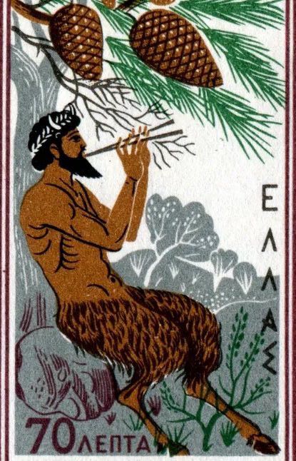 Greek postal stamp showing Pan playing his pipes beneath a pine tree.