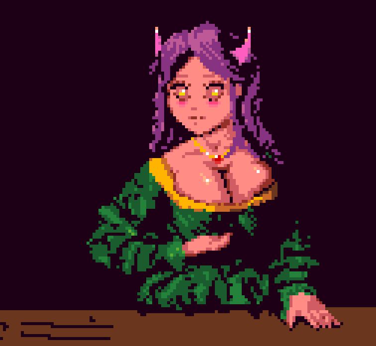 Ample-bosomed succubus with a low-cut renaissance dress. 