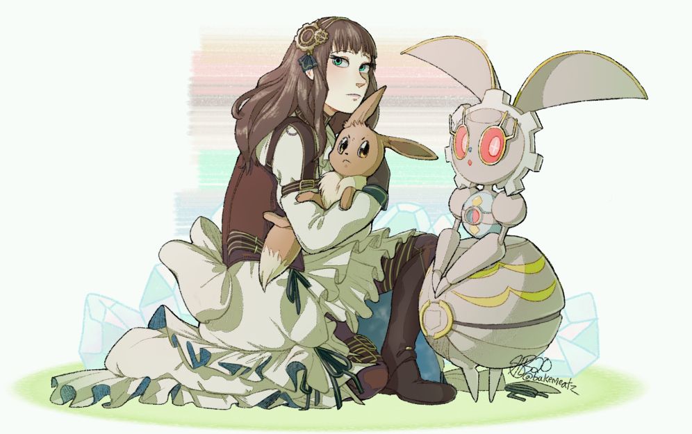 Cardia Beckford from Code: Realize as a Pokemon trainer, with an Eevee and Magearna