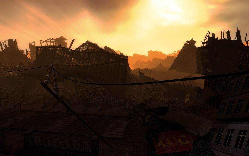Screenshot of a Half-Life 2 mod, Attempt to Survive, depicting dark crumbled ruins of a trainstation in orange sunlit fog