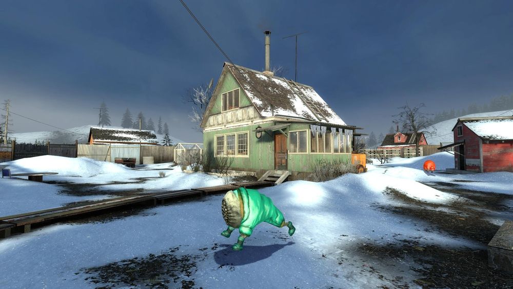 screenshot of a houndeye running in front of a snow-covered cottage