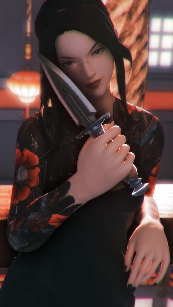 A Midlander woman with dark hair and intricate tattoos is leaning against a railing, a playful expression on her face. She is holding a dagger on her right hand, held next to face, its sharp edge dangerously close to her cheek. 

"Why don't we play a game?"